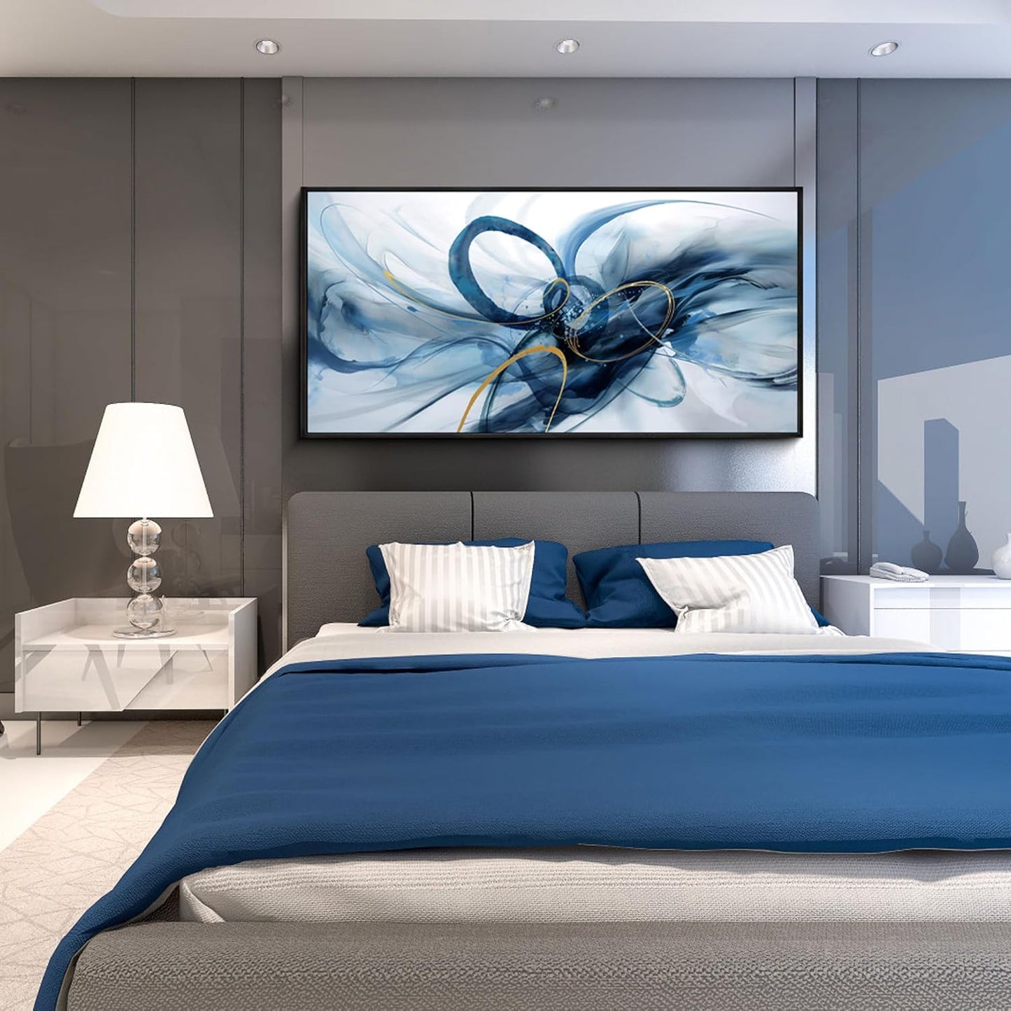 XLSJERST Large Wall Art - Blue and White Picture for Living Room Modern Abstract Canvas Wall Decor Artwork for Office Bedroom Home Decoration