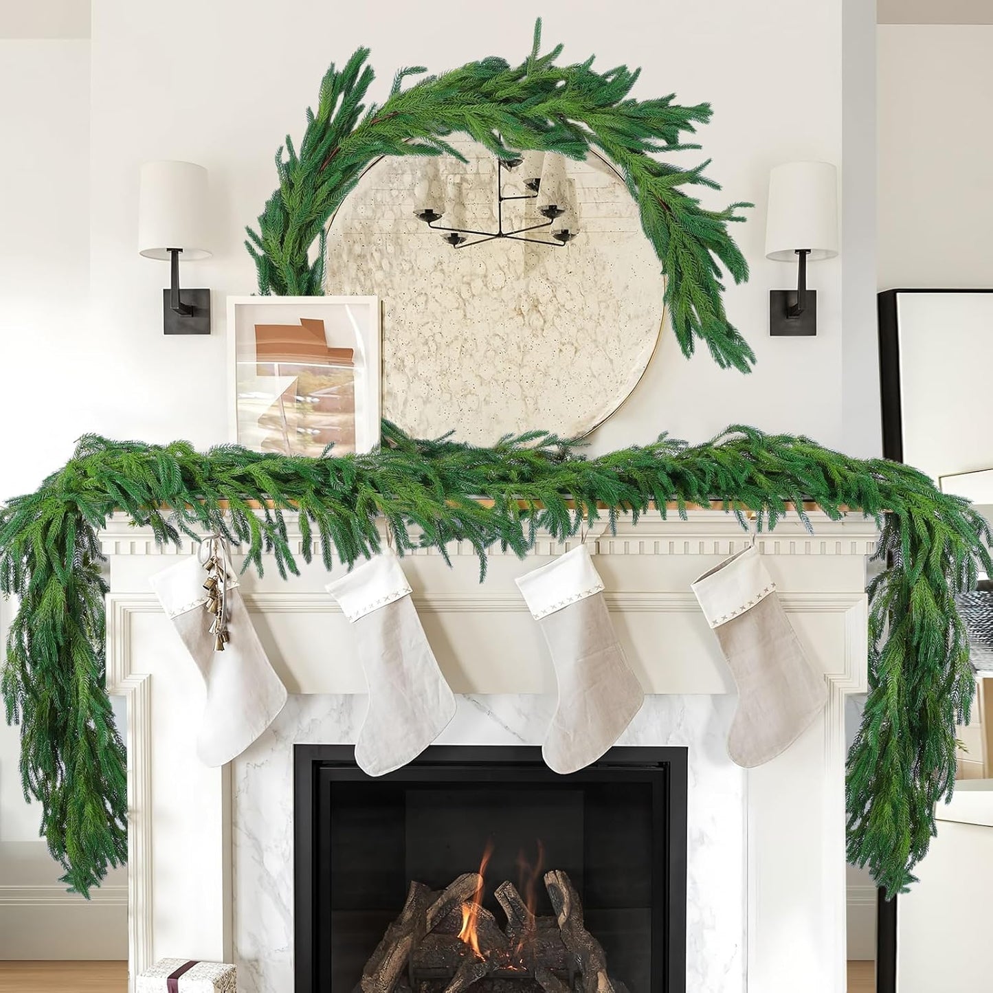 Hananona 4 Pcs 9 Ft Artificial Norfolk Pine Garlands, Realistic Pine Garland, Green Artificial Greenery Garland for Table, Mantle, Wall, Indoor, Outdoor Winter Christmas Decorations (4, 9 FT)