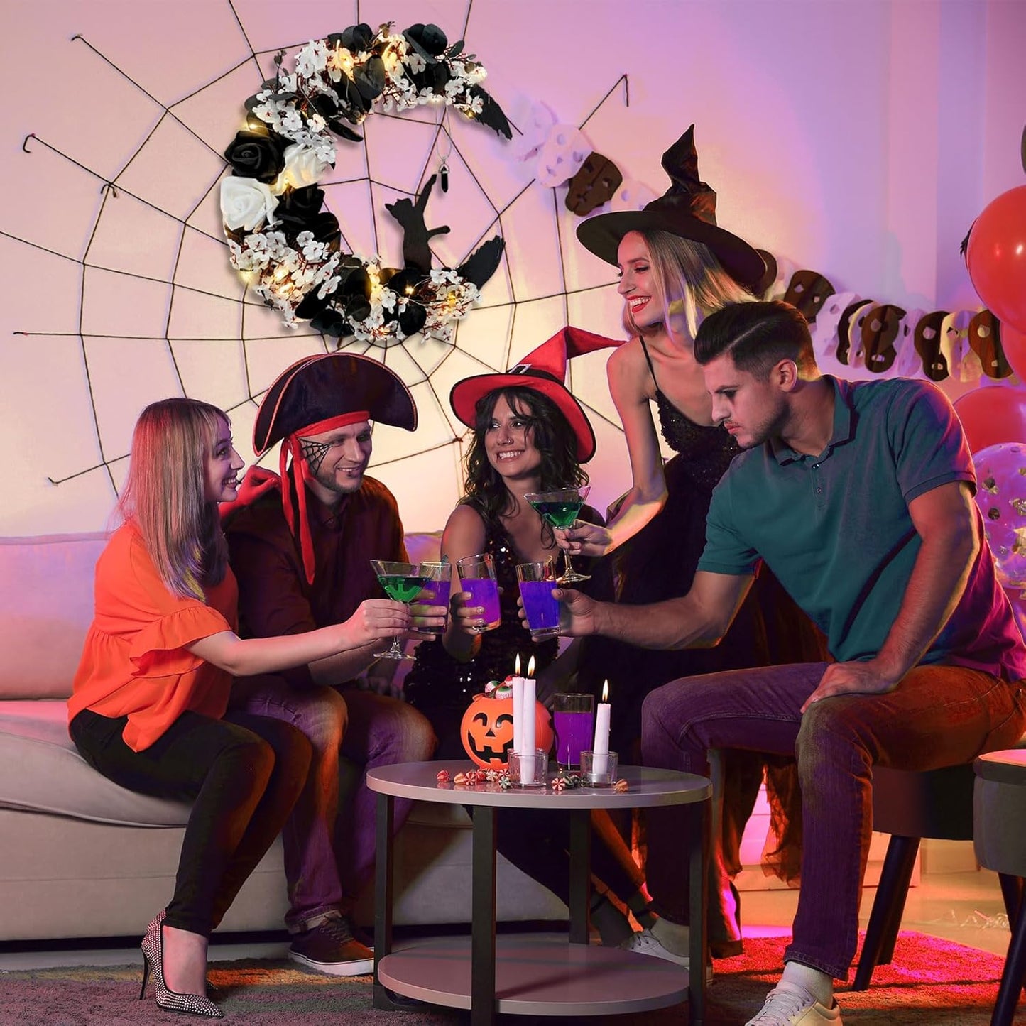 Halloween Wreaths for Front Door with Light, Black Cat Crescent Moon Wreath, Cute Cat Garland Halloween Door Decorations for Outdoor Indoor Decor Wall Window Home Party