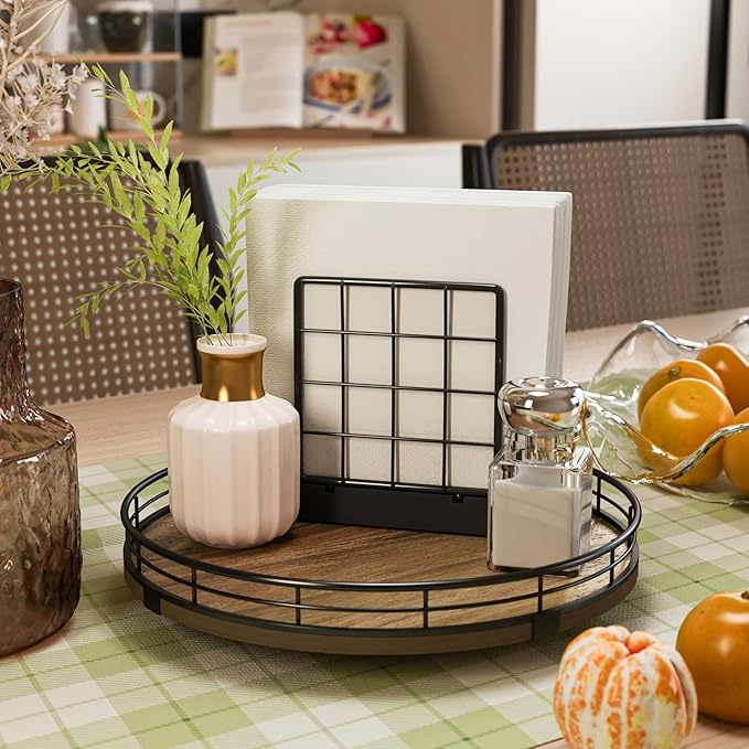 Acacia Wood 10" Lazy Susan Turntable Organizer for Table Top, Farmhouse Round Wooden Lazy Susan for Cabinet Kitchen Centerpieces Coffee Table, for Condiments Spices, Bathroom Vanity Tray Decor