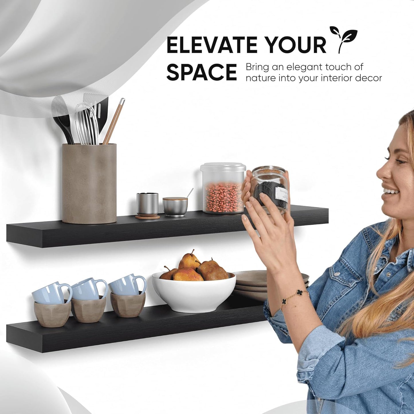 Homeforia Black Floating Shelves 36 inches Long, High End Solid Real Wood 36 inch Floating Shelf for Wall Mounted, Black Wooden 36in Floating Shelves, Heavy Duty Bracket, 36 X 6.5 X 1.75 in, Set of 2