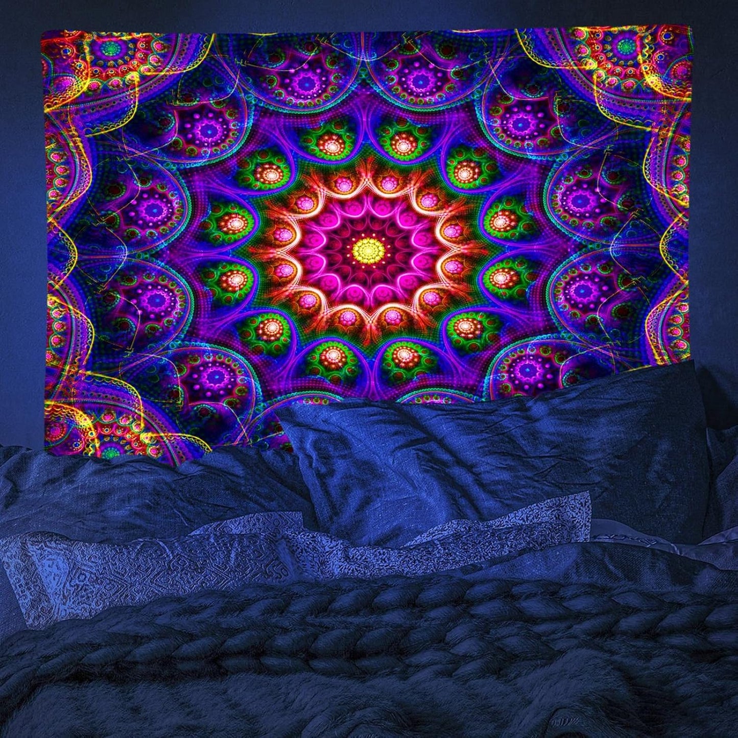 Blacklight Trippy Mandala Tapestry, Boho Black Light Posters for Adults UV Reactive Room Decor for Bedroom Wall (40 x 30 Inches)