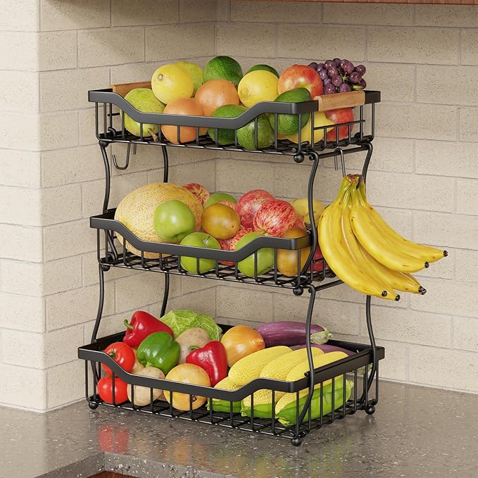 Giwil 3 Tier Countertop Fruit Basket for Kitchen, Vegetable Storage Bread Fruit Bowl Stand with 2 Banana Hooks, Wall Mounted Metal Wire Basket Organizer for Potato Onion, Black