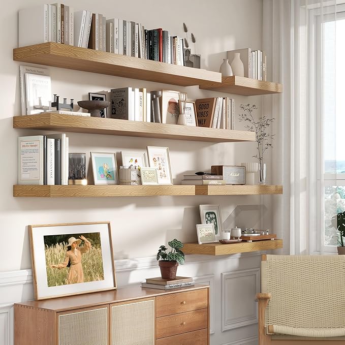 Deep Floating Shelves for Wall - 55 Inch Wide x 12 Inch Deep Wall Shelves Set of 1 - Rustic Oak Color Wood Shelves for Living Room, Bathroom, Laundry Room, Bedroom, Kitchen, Home Office