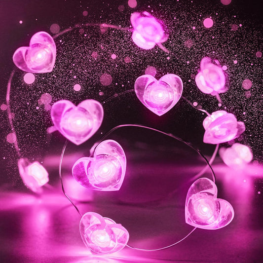 10FT Pink Heart Fairy Lights Battery Operated with Timer for Mothers Day Decoration, LED String Light Indoor Outdoor Waterproof Twinkle Light for Christmas Proposal Anniversary Valentines Party Decor