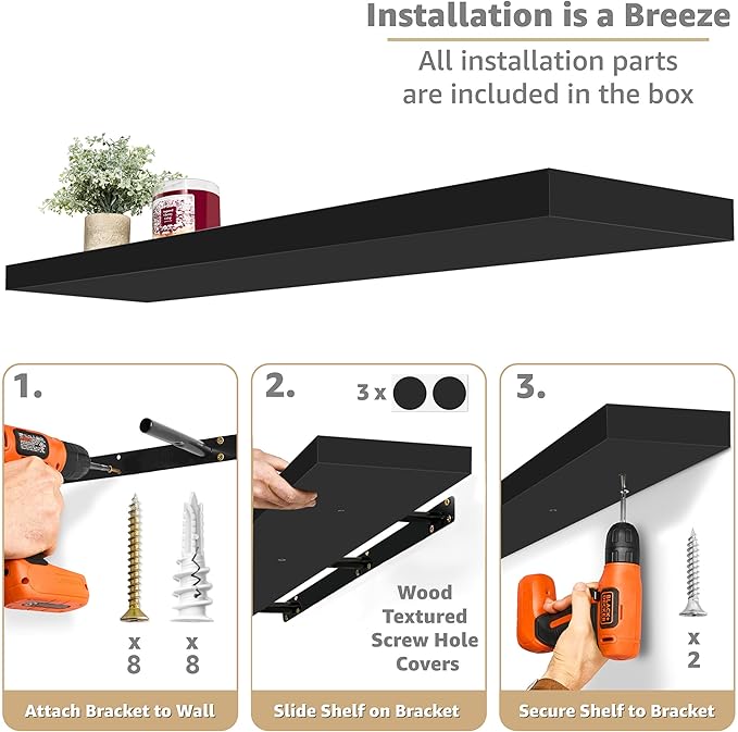 Sorbus Floating Shelves for Wall - 48 Inch Long Bathroom Shelves, Wall Decor for Bedroom, Kitchen, Living Room & Book Storage - Mounted Floating Shelf with Invisible Brackets (Black, 2 Pack)