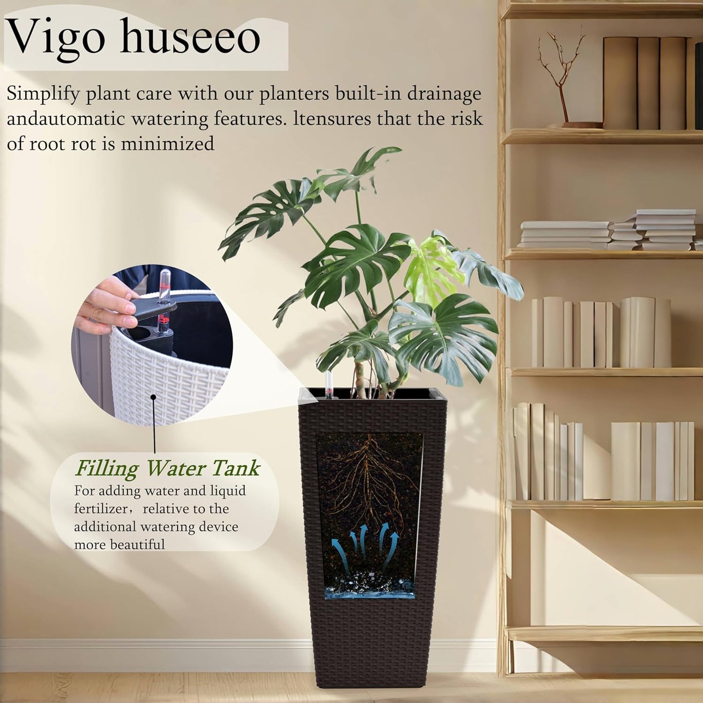 2Pcs 23in High Large Plant Pots Planter-Self-Watering,Modern Planter with Drain Holes,Water Level Monitor,Inner Bucket for Indoor/Outdoor Front Porch Patio,Brown Rattan