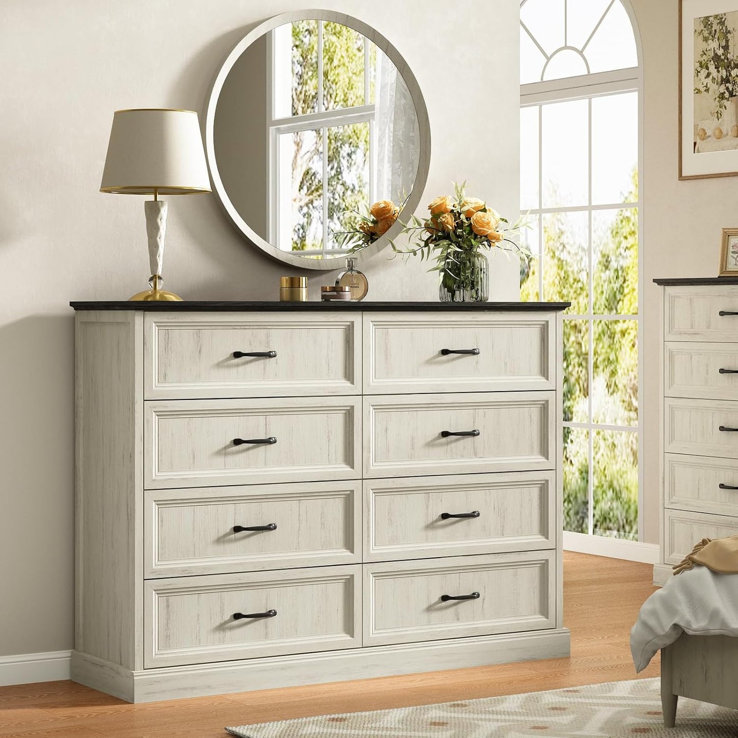 CARPETNAL Farmhouse 8 Drawer Dresser for Bedroom, 55" Wide Modern White Dresser TV Stand with Large Drawers & Bar Handles, Rustic Wood Chest of Drawers for Bedroom, Living Room, Hallway, Entryway.