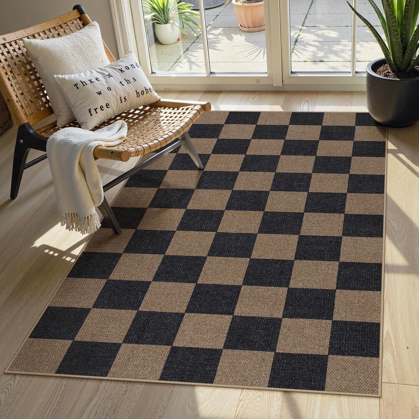 Lahome Checkered Easy Jute 3x5 Rug, Washable Rugs for Living Room Entryway Farmhouse Non Slip Black Outdoor Carpet, Checkerboard Indoor Door Mat for Entry Patio Deck