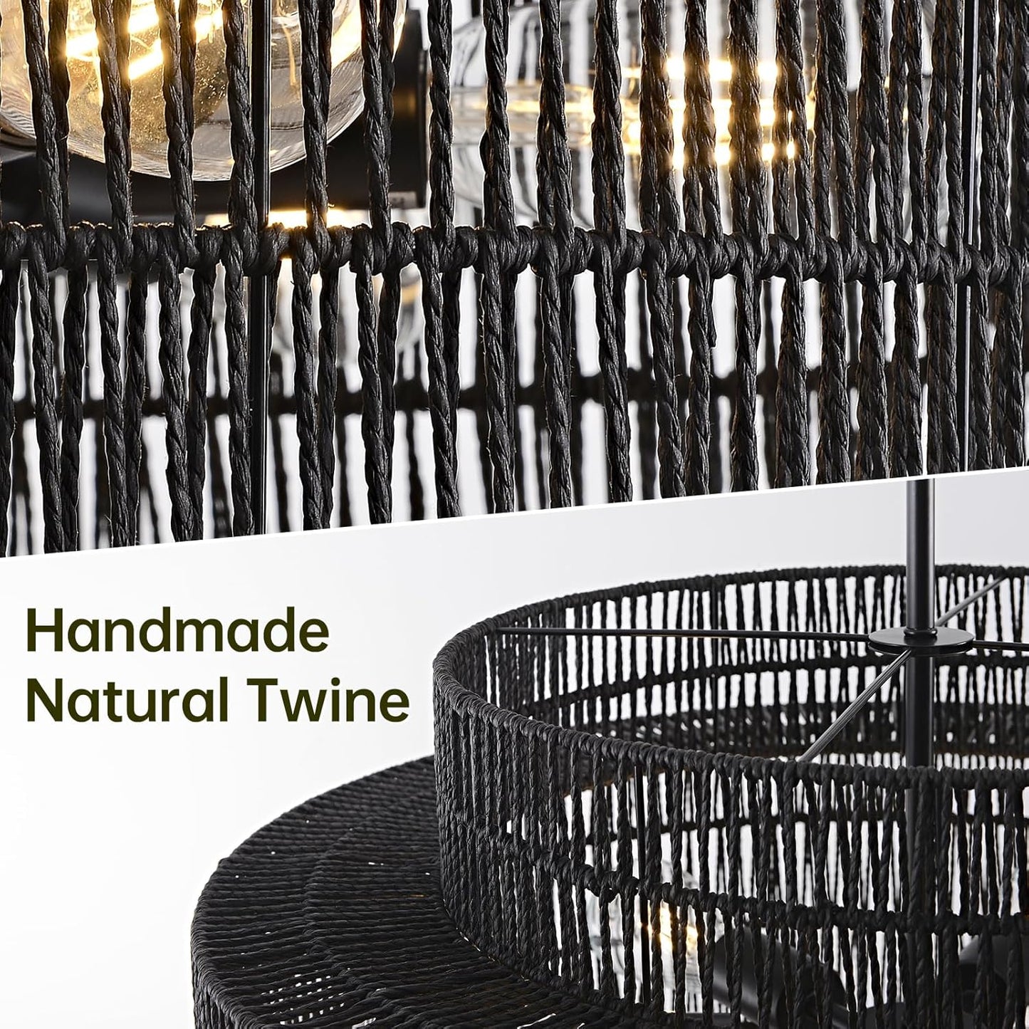 4-Light Black Boho Rattan Chandelier Light Fixture, 17.7” Hand Woven Rustic Chandeliers Farmhouse Chandelier Hanging Light for Dining Room Kitchen Island, Living Room, Foyer