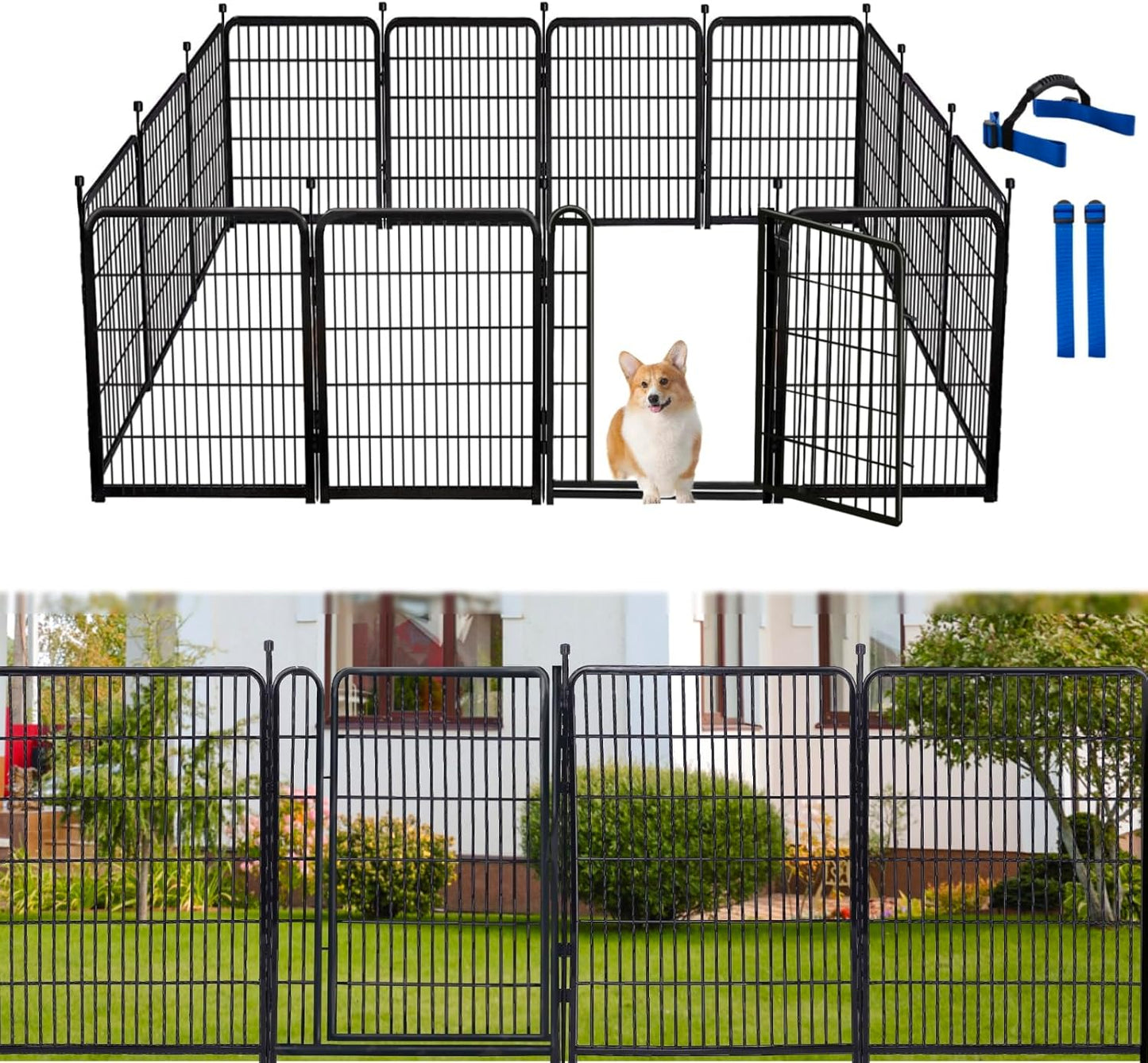 Tall Garden Fences and Borders for Dogs, 48 inch High Garden Fence, 12 Panels Total 26.6 Ft, 21 in Wide Low Threshold Gate. Modular Fencing, Dog Fence Outdoor for Yard. Rabbit Fences