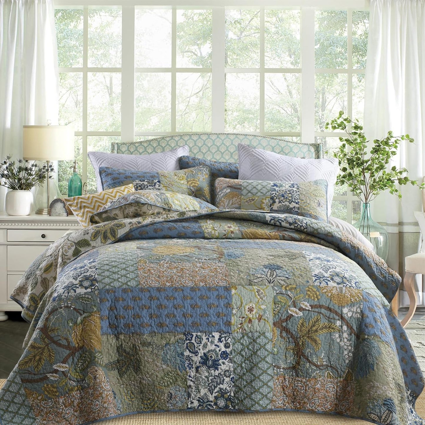 Yvooxny Quilt Set Queen Bedspread Reversible Green Farmhouse Garden Coverlet Real Patchwork Quilt Set for All Seasons, Bohemian Floral Pattern, Queen Size