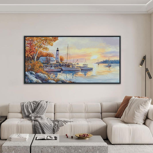 QZQCBLC Sunset Landscape Wall Art, Sea Harbor Lighthouse Ink Paintings Framed Artwork Homeward-bound Boat Soft Tone Wall Pictures for Living room Bedroom Bathroom Home Office Decor 20x40 IN