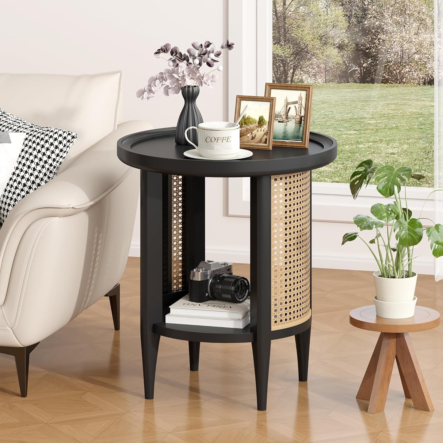 Yusong Round End Table Rattan Side Table with Solid Wood Legs, Boho Style Nightstand Bedside Table with 2-Tier Shelves, Small Coffee Table for Living Room Bedroom Small Spaces Black