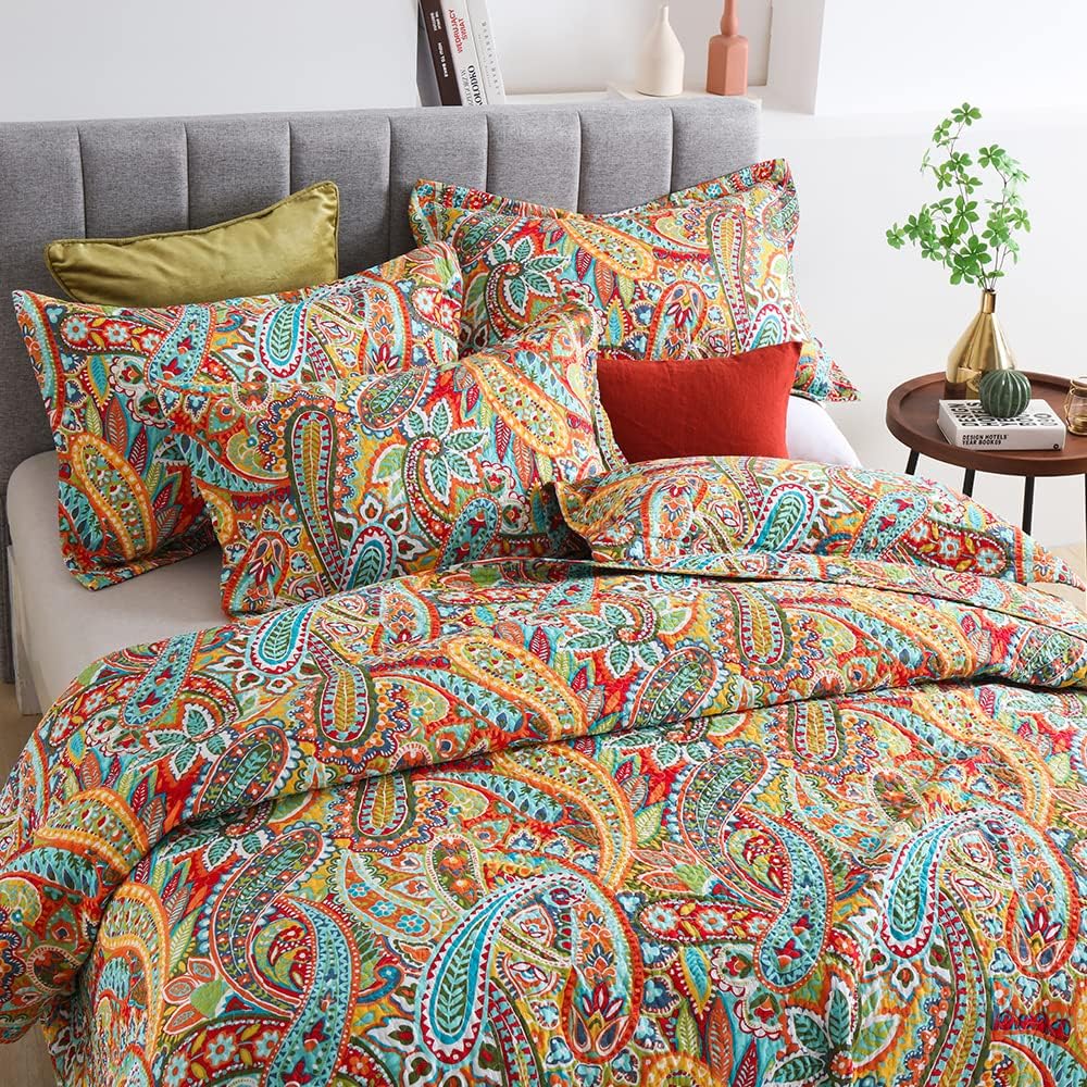 Autumn Dream Cotton Bedspread Quilt Sets, 3 Pieces Reversible Comforter Coverlet Sets, Yellow Gorgeous Paisley Bedspread,King Size