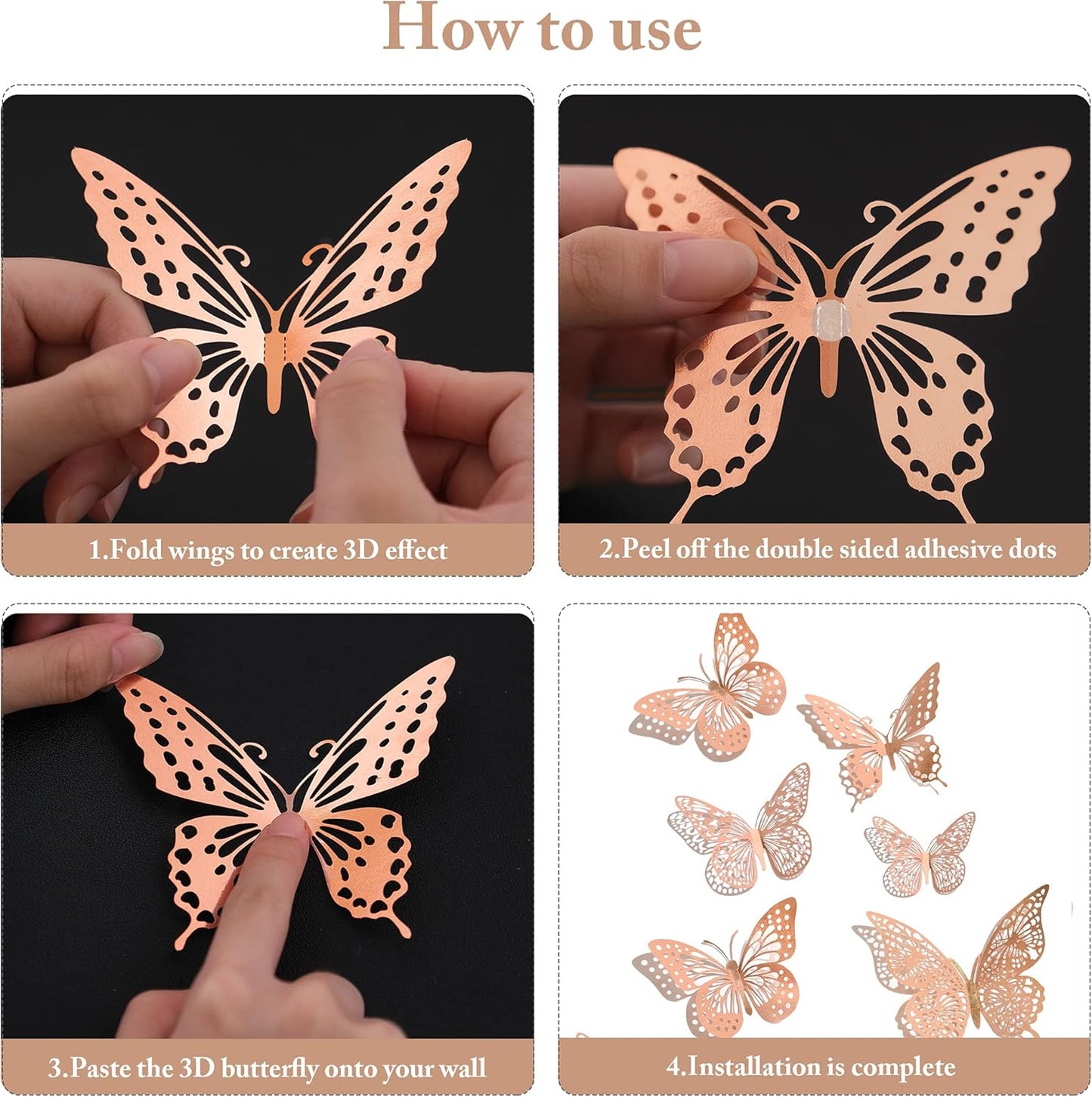 SAOROPEB 3D Butterfly Wall Decor, 48 Pcs 4 Styles 3 Sizes, Removable Metallic Wall Sticker Room Mural Decals for Kids Bedroom Nursery Classroom Party Decoration Wedding Decor DIY Gift (Rose Gold)