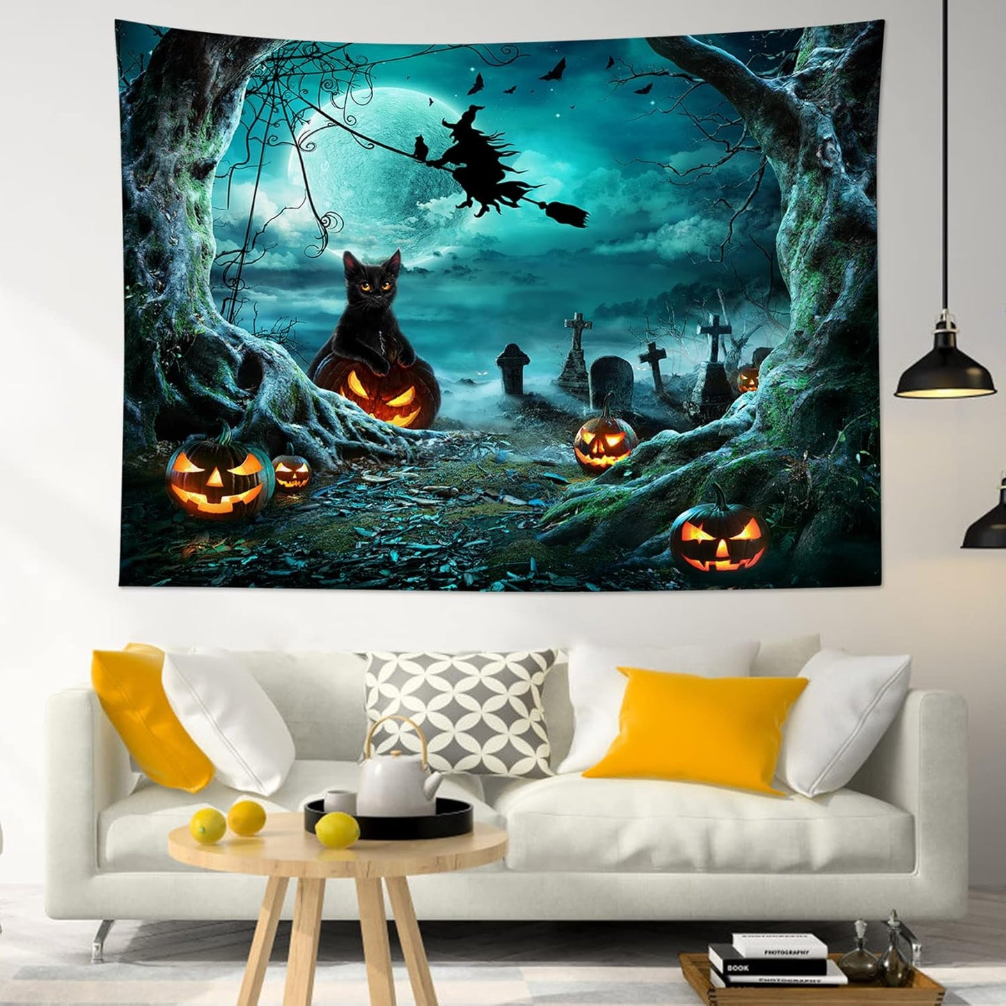 LB Halloween Pumpkin Tapestry Creepy Black Cat Witch Dead Tree in Spooky Graveyard Full Moon Night Halloween Wall Hanging for Bedroom Living Room Dorm Holiday Party Decor 48x36 Inch