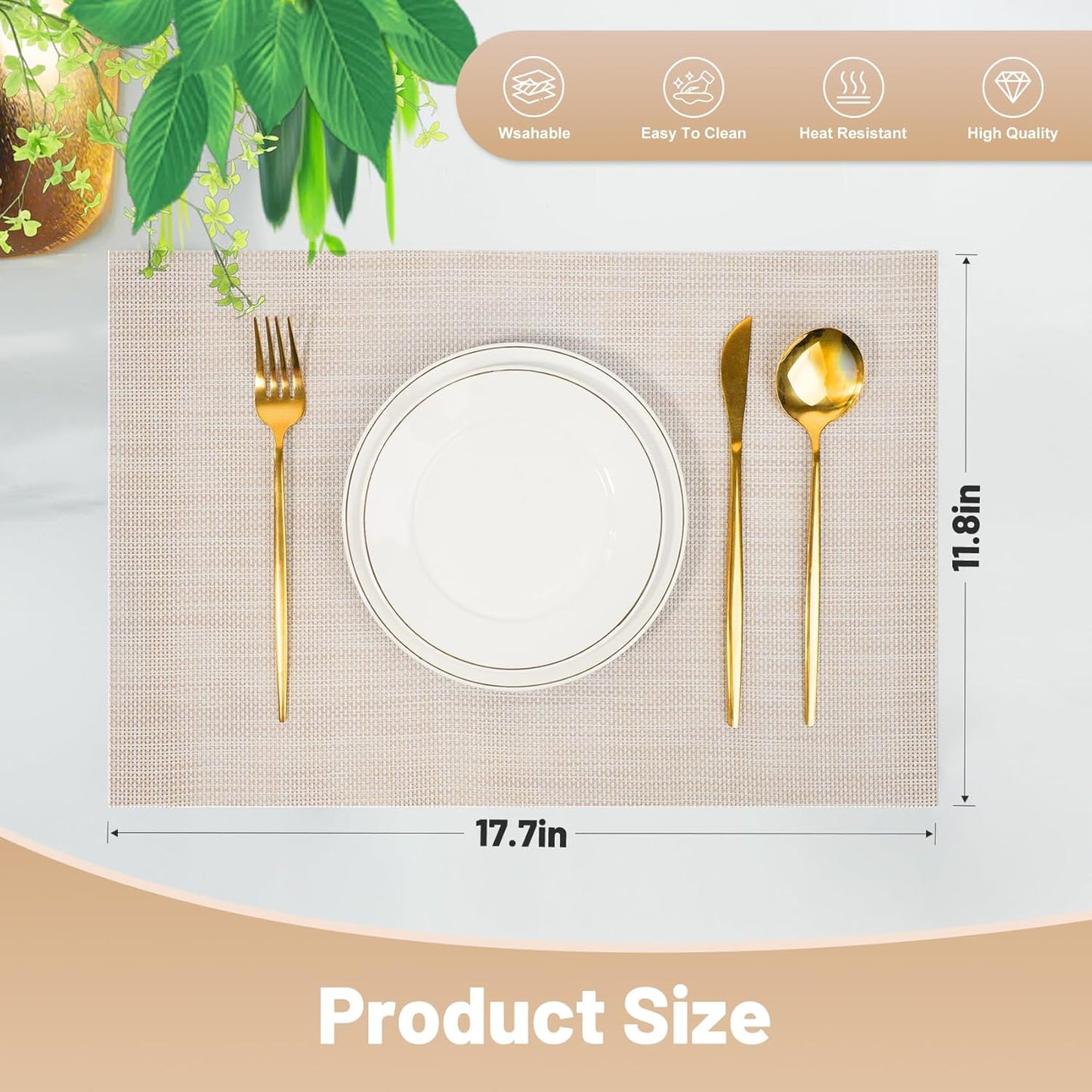 Placemats Set of 12，Non-Slip PVC Weave Table Mats Easy to Clean，Heat Resistant Place Mats for Kitchen Dining Table Decoration Indoor Outdoor，Beige White