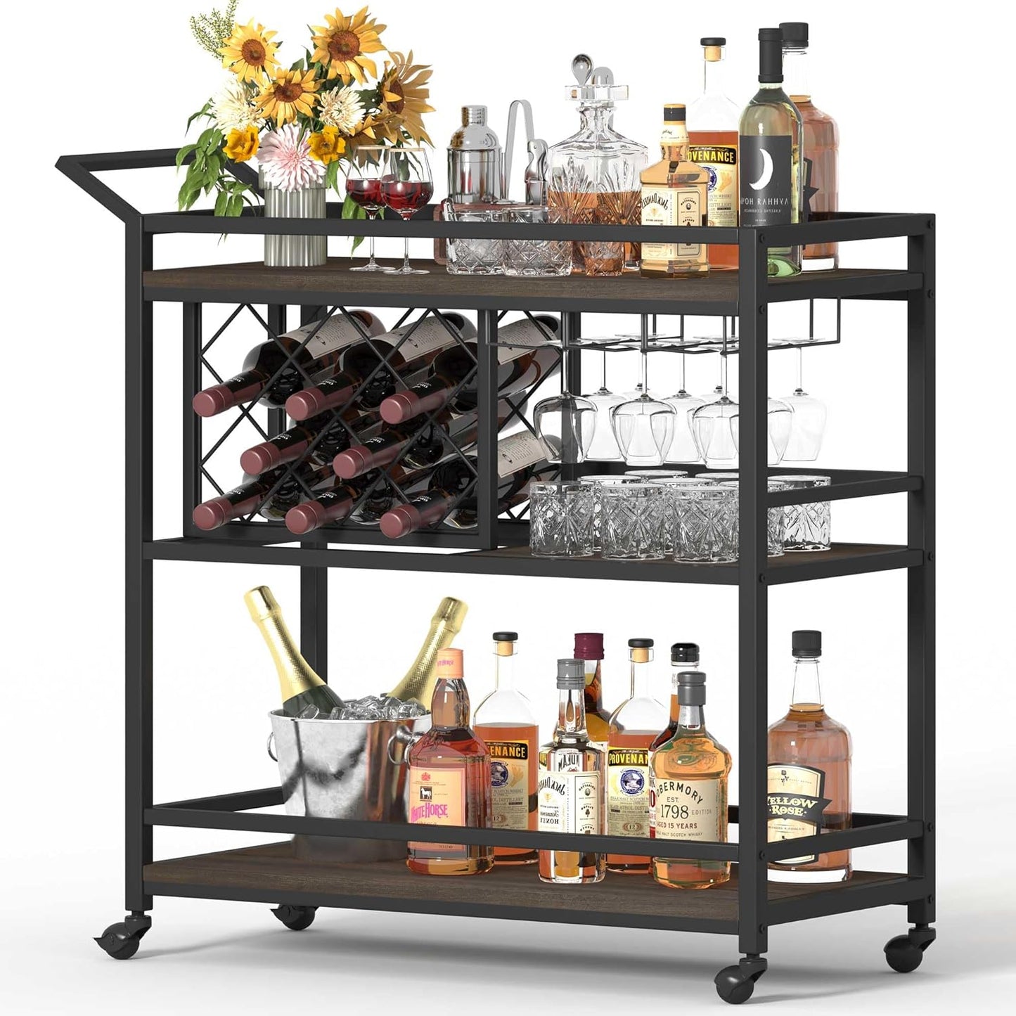 FATORRI Bar Cart for The Home with Wine Rack and Glasses Holder, Small Home Bar Serving Cart on Wheels for Liquor and Alcohol (Walnut Brown)