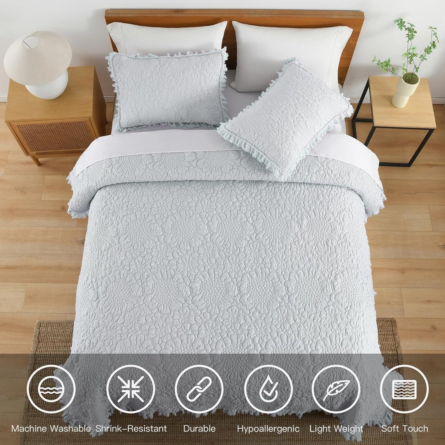 Light Blue Ruffled Quilt Queen Size, Stone-Washed Microfiber Lightweight Crinkled Farmhouse Rustic Shabby Chic Bedding Set, 3 Pieces Reversible Bedspread Coverlet with Pillow Shams for All Season