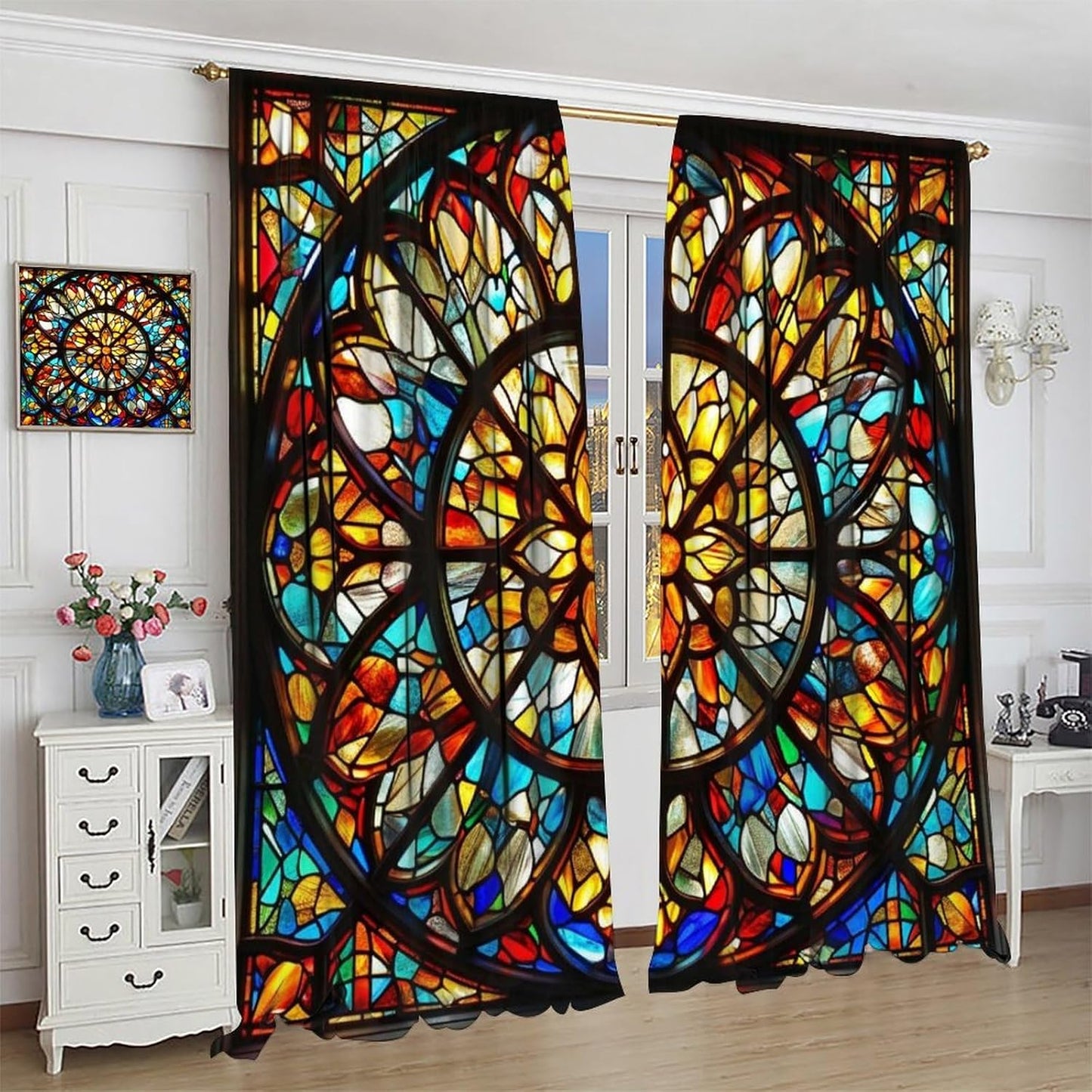 Stained Glass Curtains,Retro Mid Century Abstract Colorful Geometric Prints Home Decor Drapes for Bedroom Living Room Kitchen Window Treatment 2 Panels Set Total Size 63" W X 72" L Inch