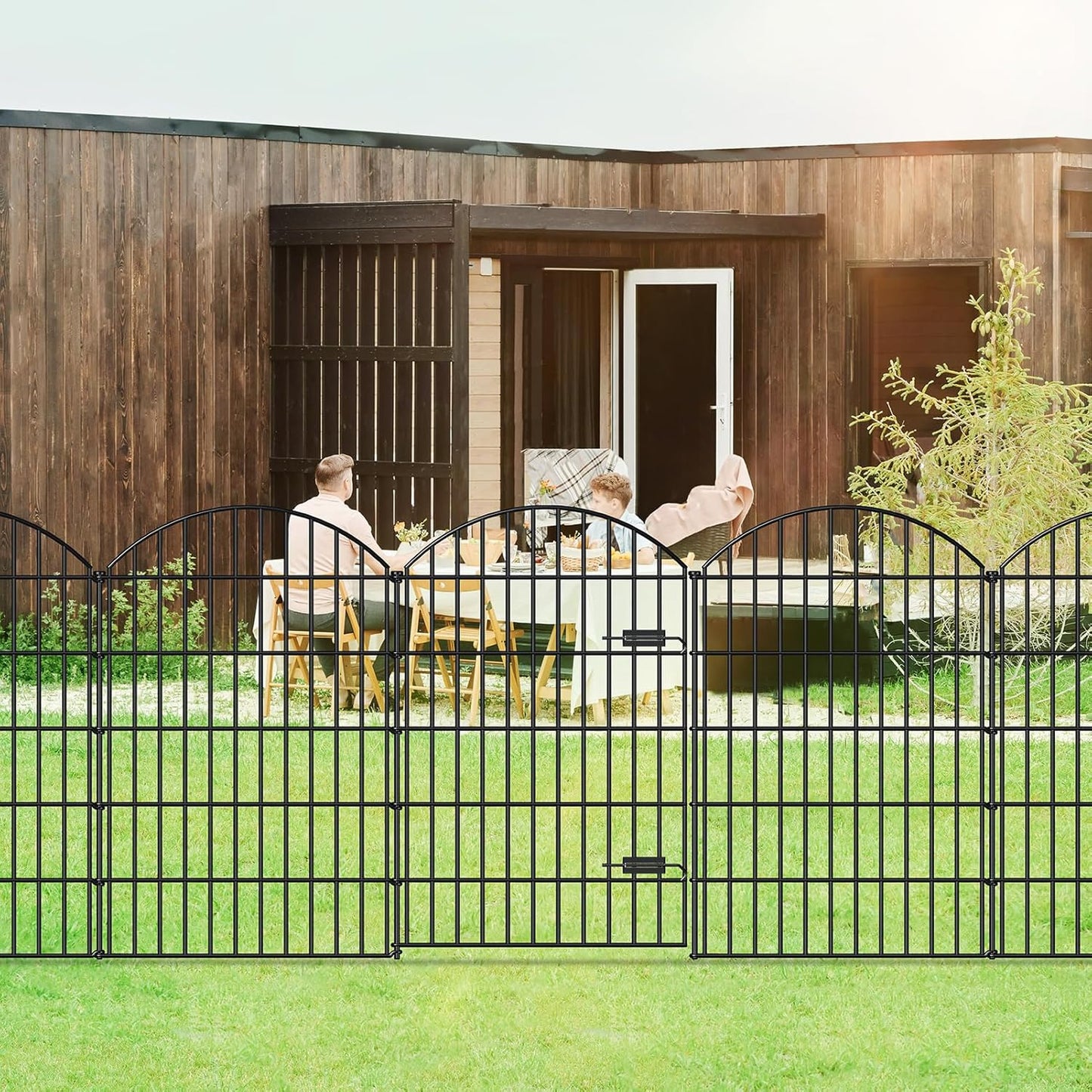 Metal Garden Fence with Gate 42in (H) x 18.7ft (L), 1 Gate+ 7 Panels Dog Fences Border Fence Animal Barrier, No Dig Garden Fencing for Yard Flower Bed Lawn Patio Outdoor, ECG4208G, Black