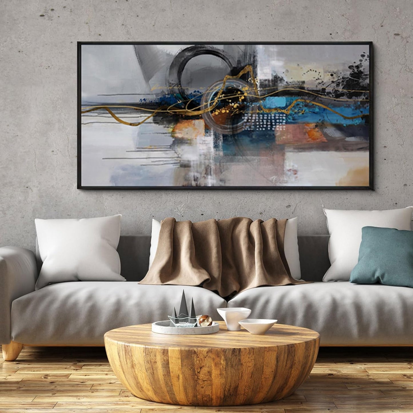 XLSJERST Large Abstract Frame Wall Art - Black and Blue Cnavas Framed Artwork for Walls Modern Minimalist Boho Gray Pictures Wall Decor for Living Room Bedroom Office Home Decoration 24x48 Inches