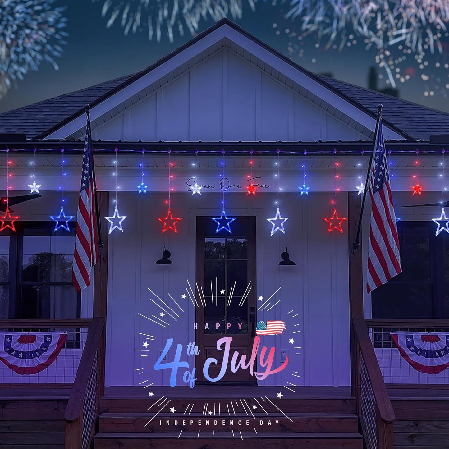 4th of July Patriotic Star Icicle Lights,8.2ft 126LED red White and Blue Curtain String Waterproof, 8 Modes with Timer Connectable Independence Day Decorations Window Lights for Outdoor Indoor
