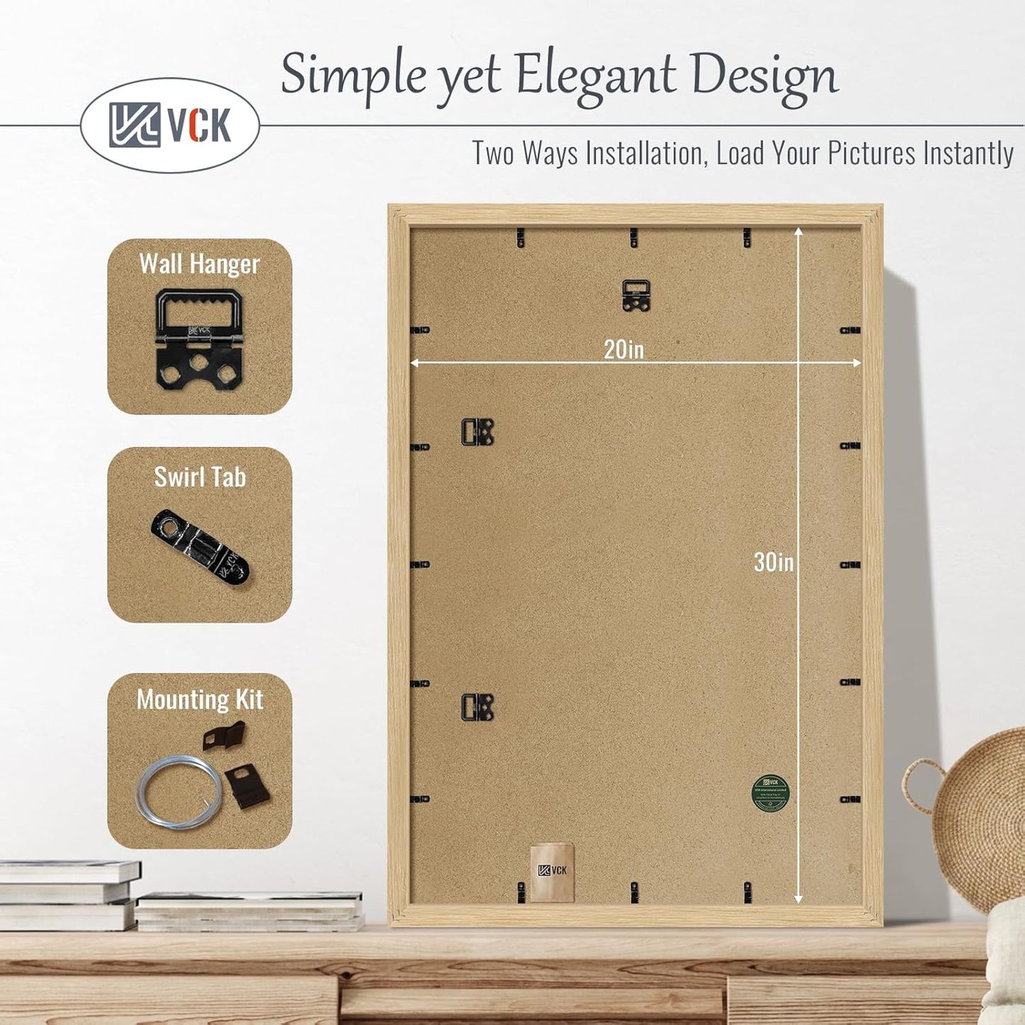 VCK 20x30 Oak Wood Frame for Poster & Picture, Natural Solid Wood Photo Frames 3 Pack, Wall Mounting Hanging