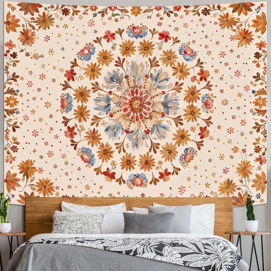 Fowocu Boho Floral Mandala Tapestry Wall Hanging Watercolor Bohemian Flower Medallion Tapestry Aesthetic Beige Orange Hippie Indian Large Tapestries for Bedroom Living Room Dorm Decor 80 x 60 Inch