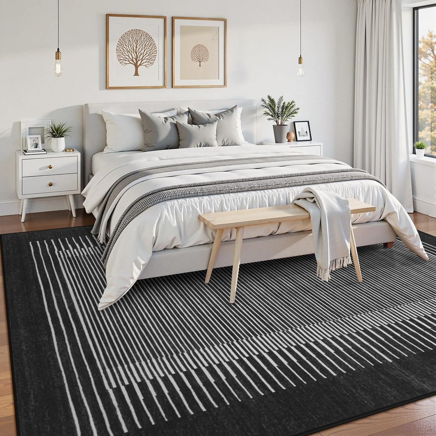 Wonnitar Striped Black Area Rugs 9x12 Living Room, Non-Slip Soft Berber Stripe Bedroom Rug, Low Pile Minimalist Floor Carpet for Dining Room Living Room Department (Black,9' x 12')