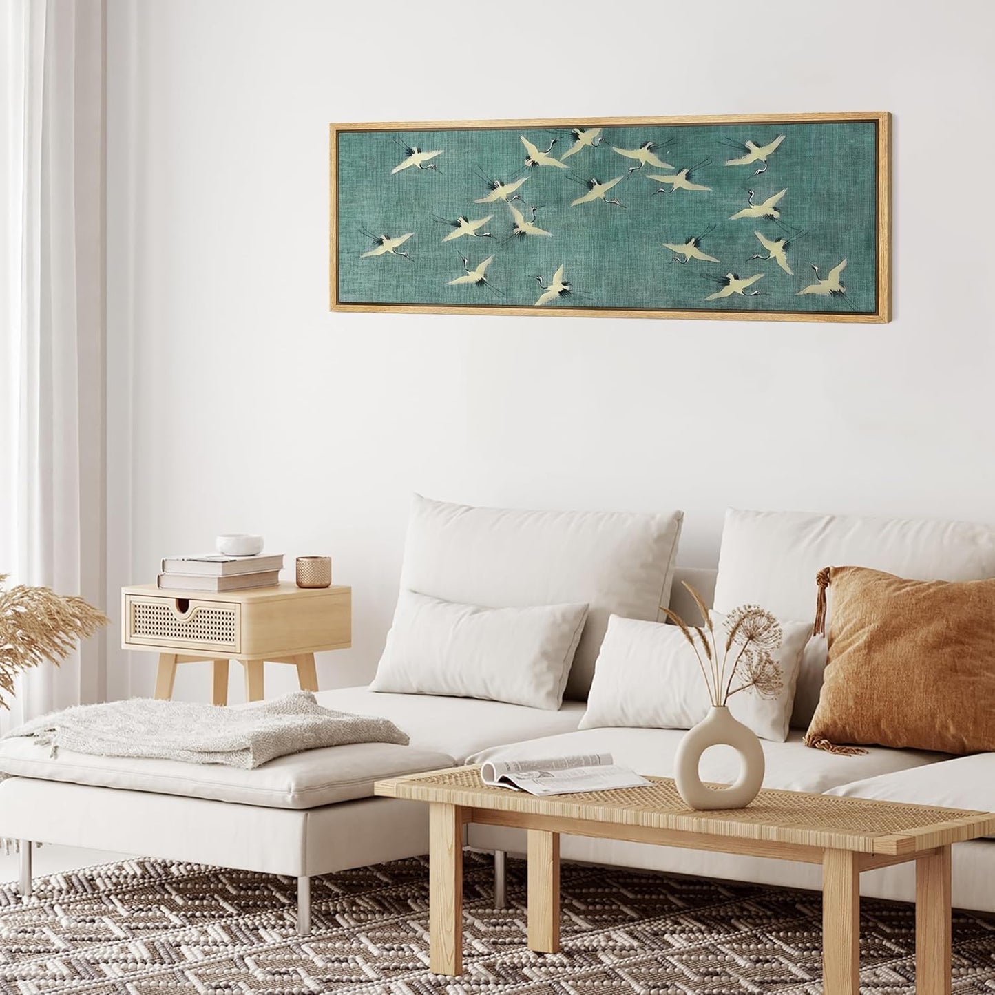 MUDECOR Large Framed Canvas Print Wall Art Serene Skies White Birds in Flight on Teal Antique Retro Fine Art Illustrations Decorative Colorful for Bedroom - 60"x20"