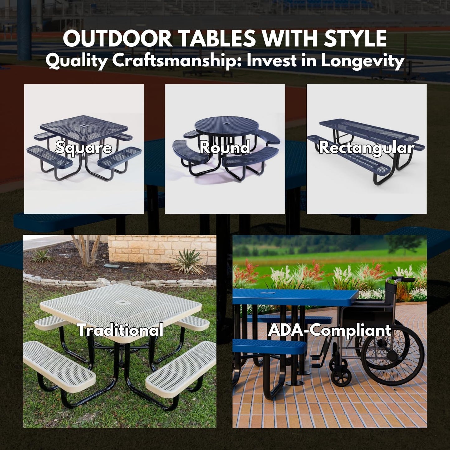 Coated Outdoor Furniture Heavy-Duty Portable Outdoor Picnic Table with Umbrella Hole, Expanded Metal Commercial-Grade Patio Dining Furniture Made in America (46" Round Top, Orange)