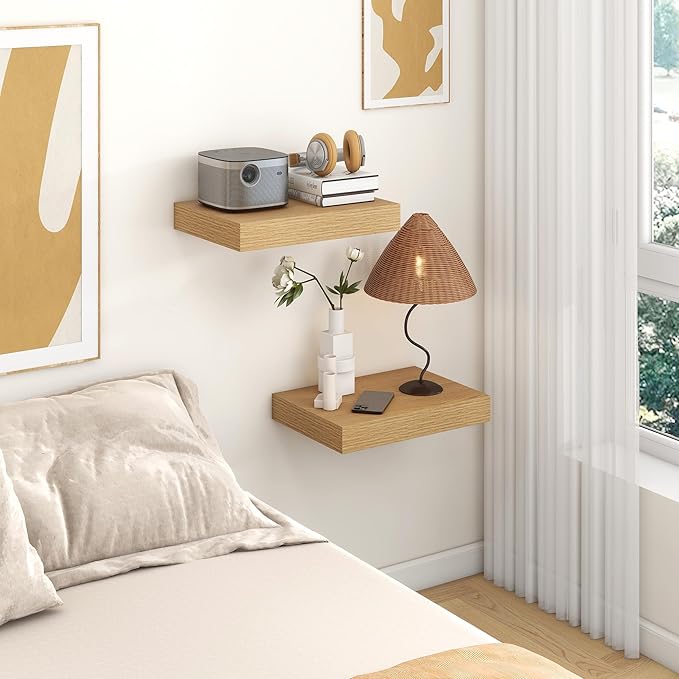 Deep Floating Shelves for Wall | 16 Inch Wide x 12 Inch Deep Floating Shelves Set of 2 | Rustic Oak Wide Wall Shelves | Bookshelf Laundry Shelf TV Shelf Nightstand