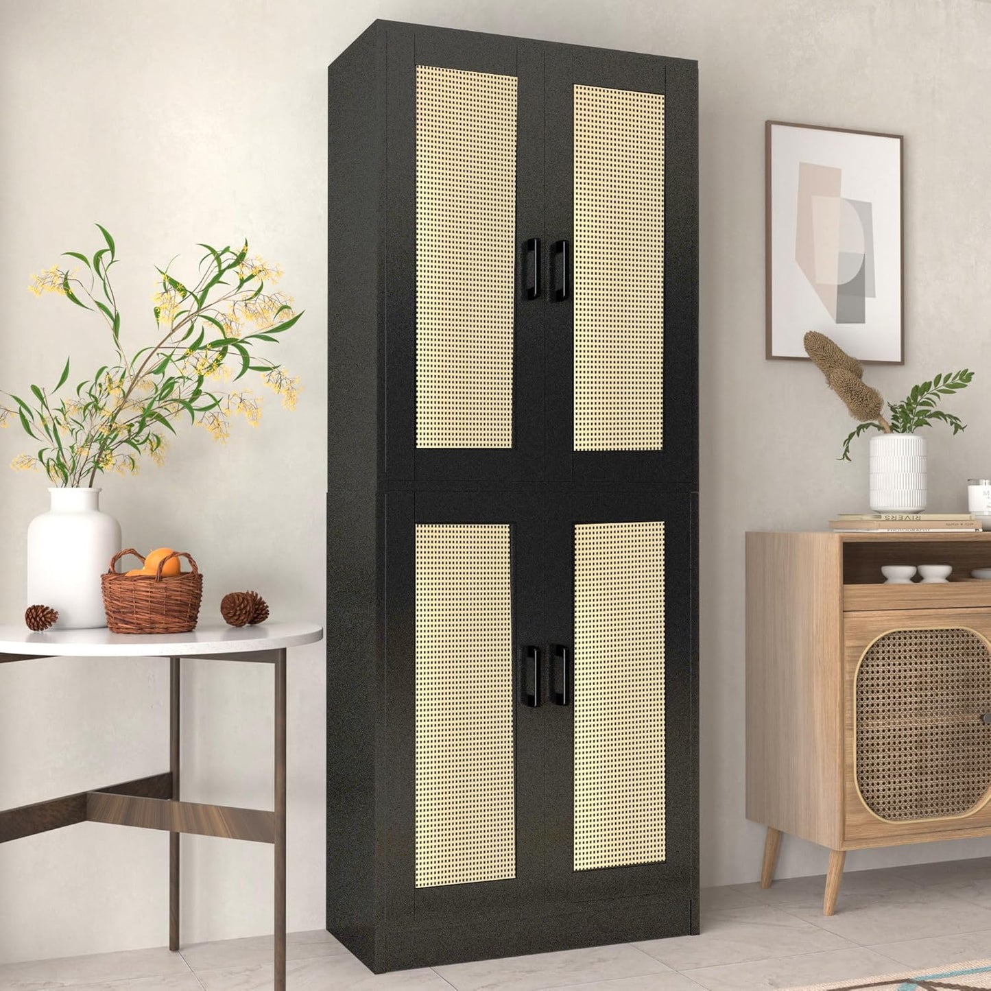 Black Rattan Kitchen Pantry, 71" Tall Storage Cabinet with Doors, Boho Hutch for Dining Room