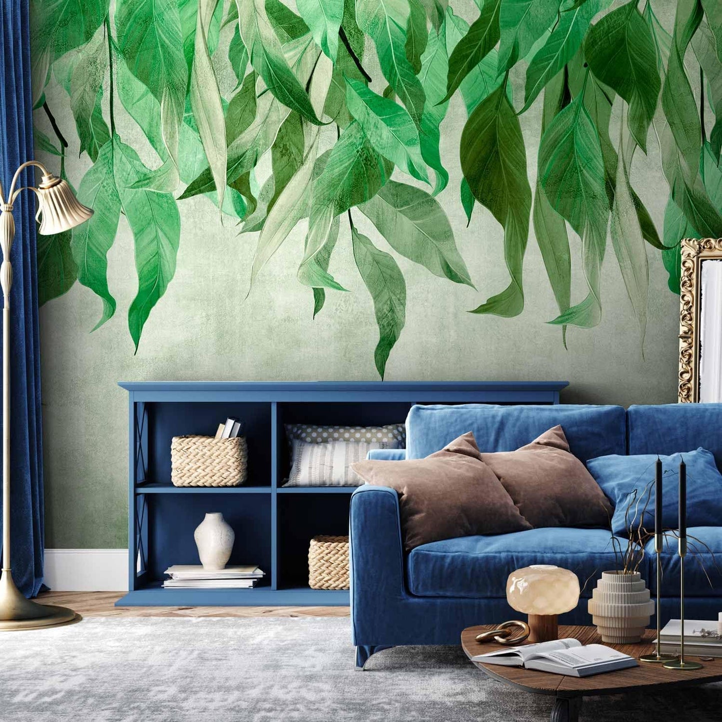 artgeist Wall Mural Hanging Leaves 135x101 in - Peel and Stick Self-Adhesive Wallpaper Removable Large Sticker Foil Wall Decor Print Picture Image Design Nature Botanical Concrete Green b-C-10146-a-a