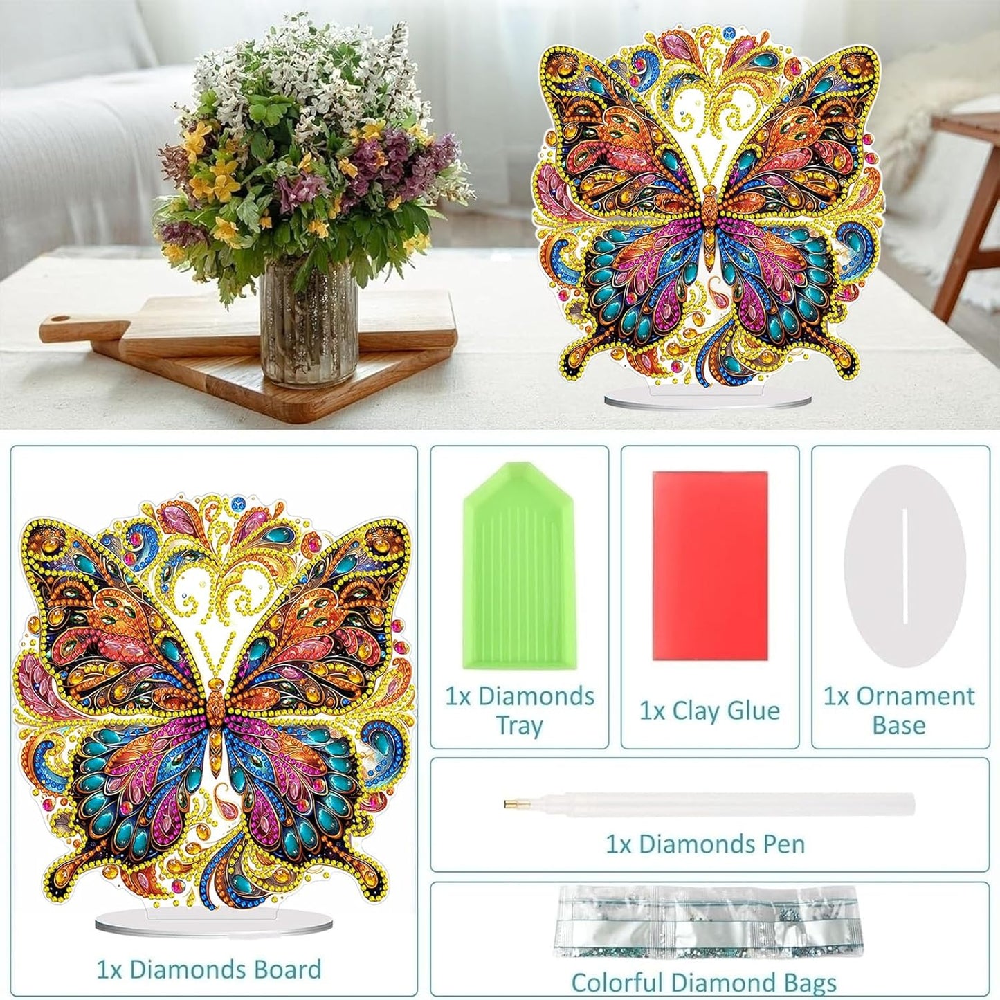 Diamond Painting Kits for Adults Beginners, 5D Full Drill Flowers and Butterfly Crystal Art Desktop Ornament, DIY Single Sided Home Office Desk Decor, Creative Craft Gift Set with Tools