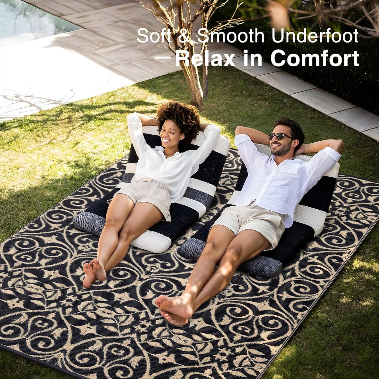 OLANLY Outdoor Rug Waterproof 6x9 ft Clearance, Reversible Outdoor Plastic Straw Rug with Floral Pattern, RV Mat for Patio, Camping, Balcony, Deck, Backyard, Black & Beige