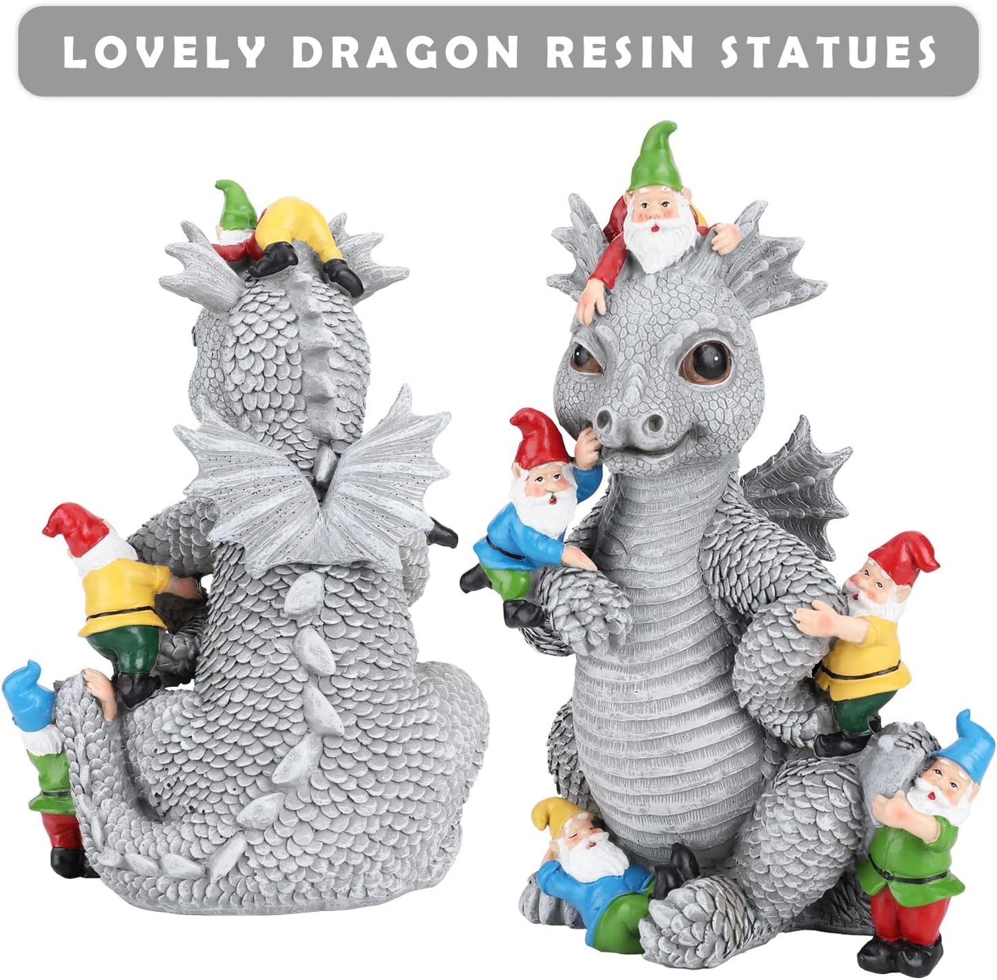 Dragon Gnome Statues Outdoor Decor, 13” Dinosaur Play with Gnomes Garden Statue, Outdoor Statue for All Season Lawn Decor, Garden Decoration, Gardening Gift