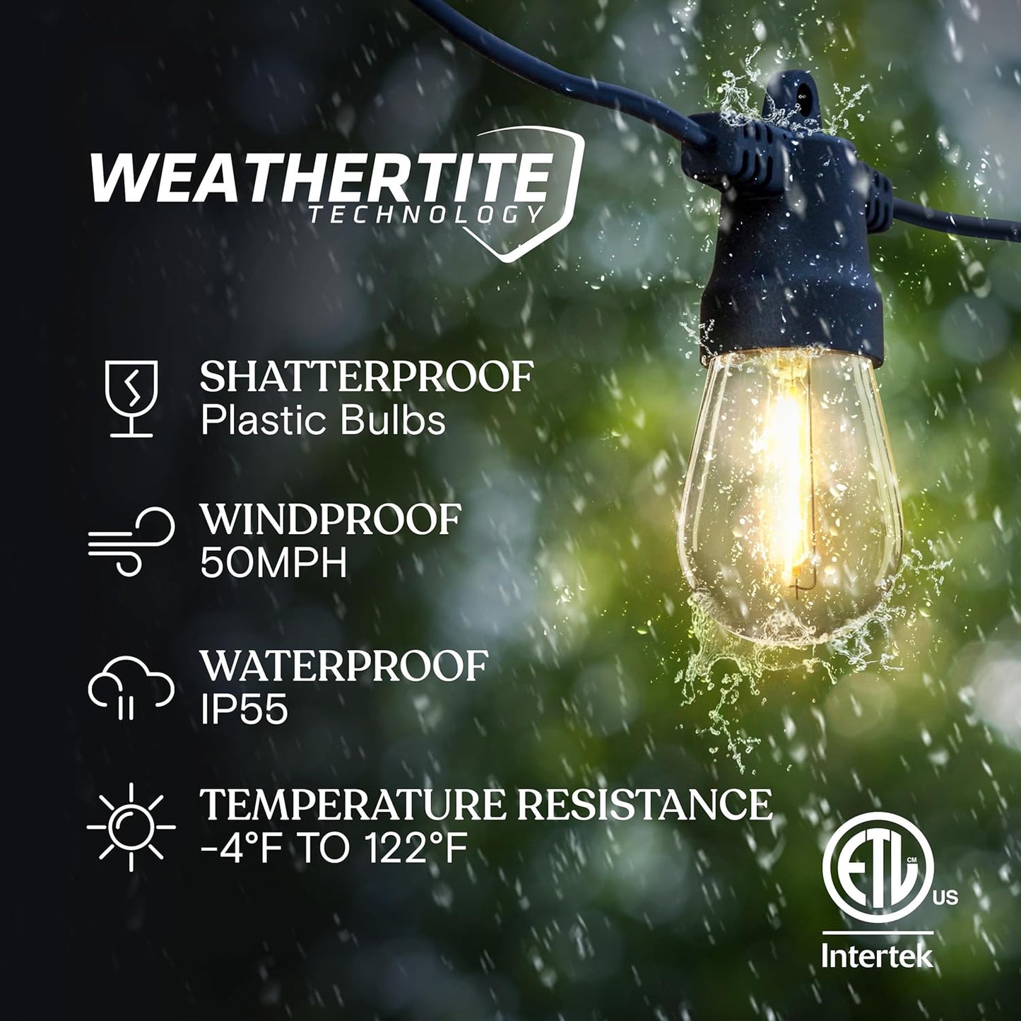 Brightech Ambience Pro Solar Powered Outdoor String Lights, 48 ft Commercial Grade Waterproof Patio Lights, 15 Edison Bulbs, Shatterproof LED String Lights for Outside, Porch - 1W Soft White