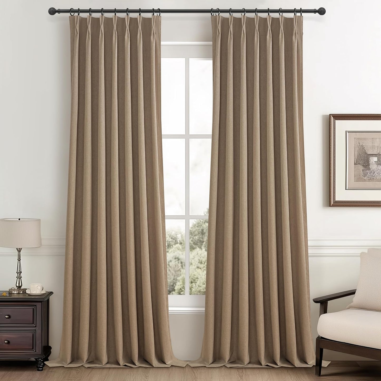 RustBrown Linen Pinch Pleated Blackout Curtains & Drapes 96 Inch Long Bedroom/Livingroom Farmhouse Curtains 2 Panel Sets, Neutral Track Room Darkening Thermal Insulated 8ft Back Tab Window Curtain