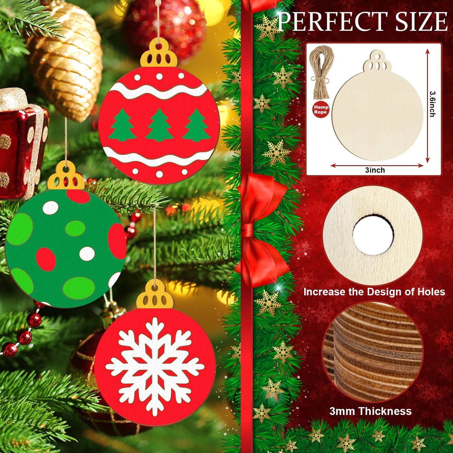 Wooden Christmas Ornaments to Paint Bell Decoration Cutouts Unfinished 36PCS, DIY Blank Unfinished Christmas Tree Wood Discs Ornament for Home Crafts Hanging