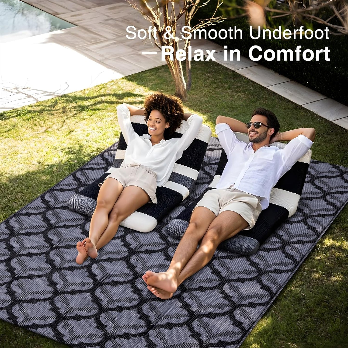 OLANLY Reversible Outdoor Rug 5x8 ft Clearance, Waterproof Outdoor Plastic Straw Rug with Interlacing Pattern, RV Mat for Patio, Camping, Balcony, Deck, Backyard, Black & Grey