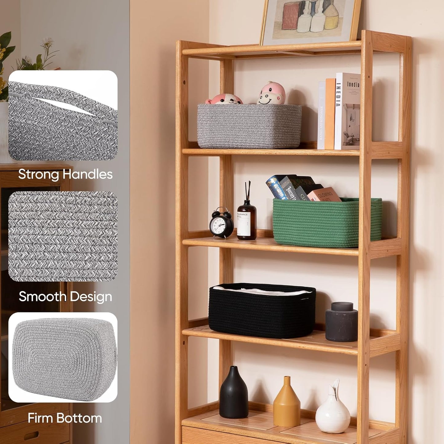 OIAHOMY 4 Pack 14.17*11.02*6.3IN Storage Baskets for Organizing Shelves, Woven Rope Baskets for Organizing Books, Clothes, Decorative Basket for Living Room, Nursery, Bedroom, Gift Basket, Grey