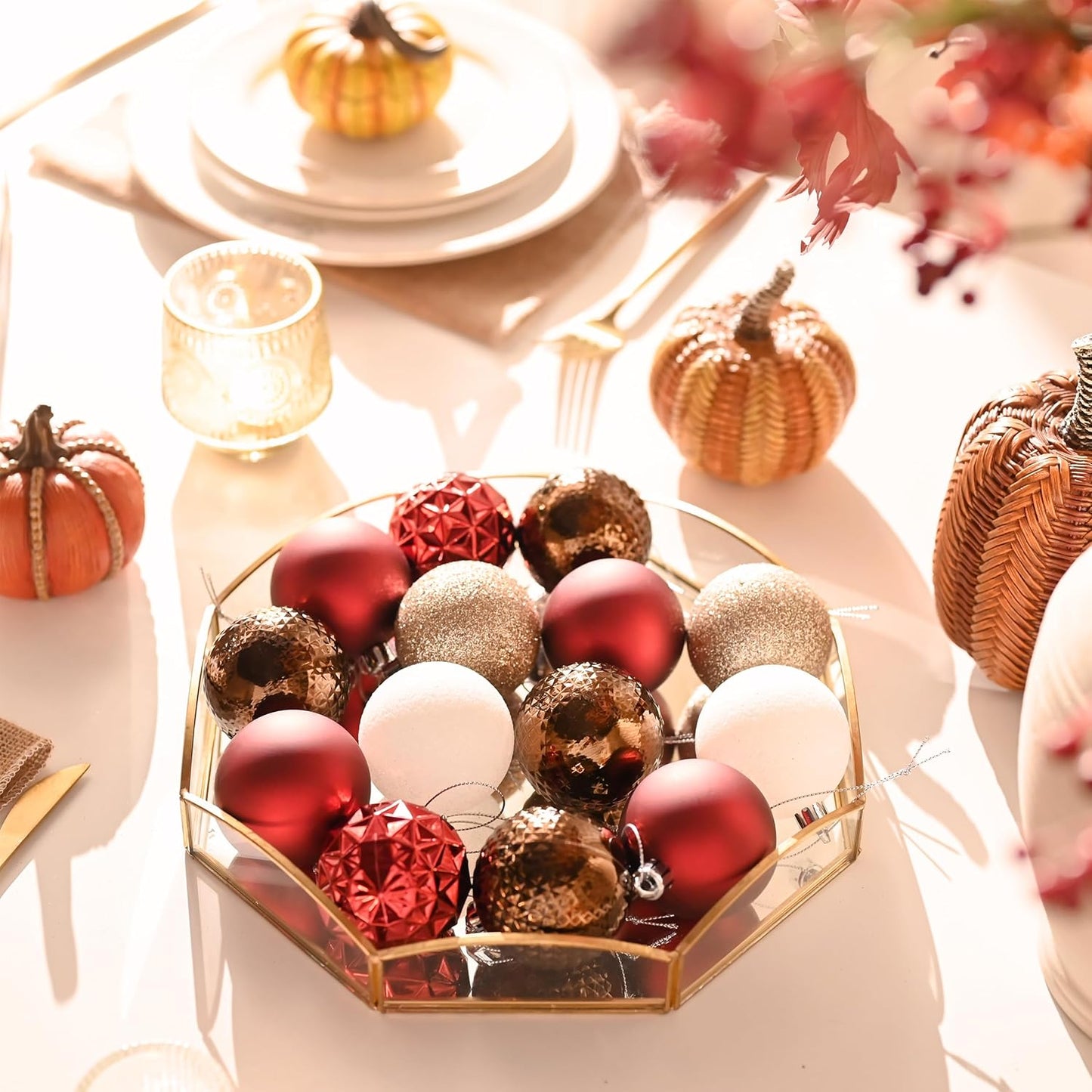 Valery Madelyn Christmas Tree Decorations Ornament Set for Fall Halloween, 50ct 2 Inches Red Brown White Shatterproof Christmas Ball Ornaments Hanging Xmas Holiday Party Decor