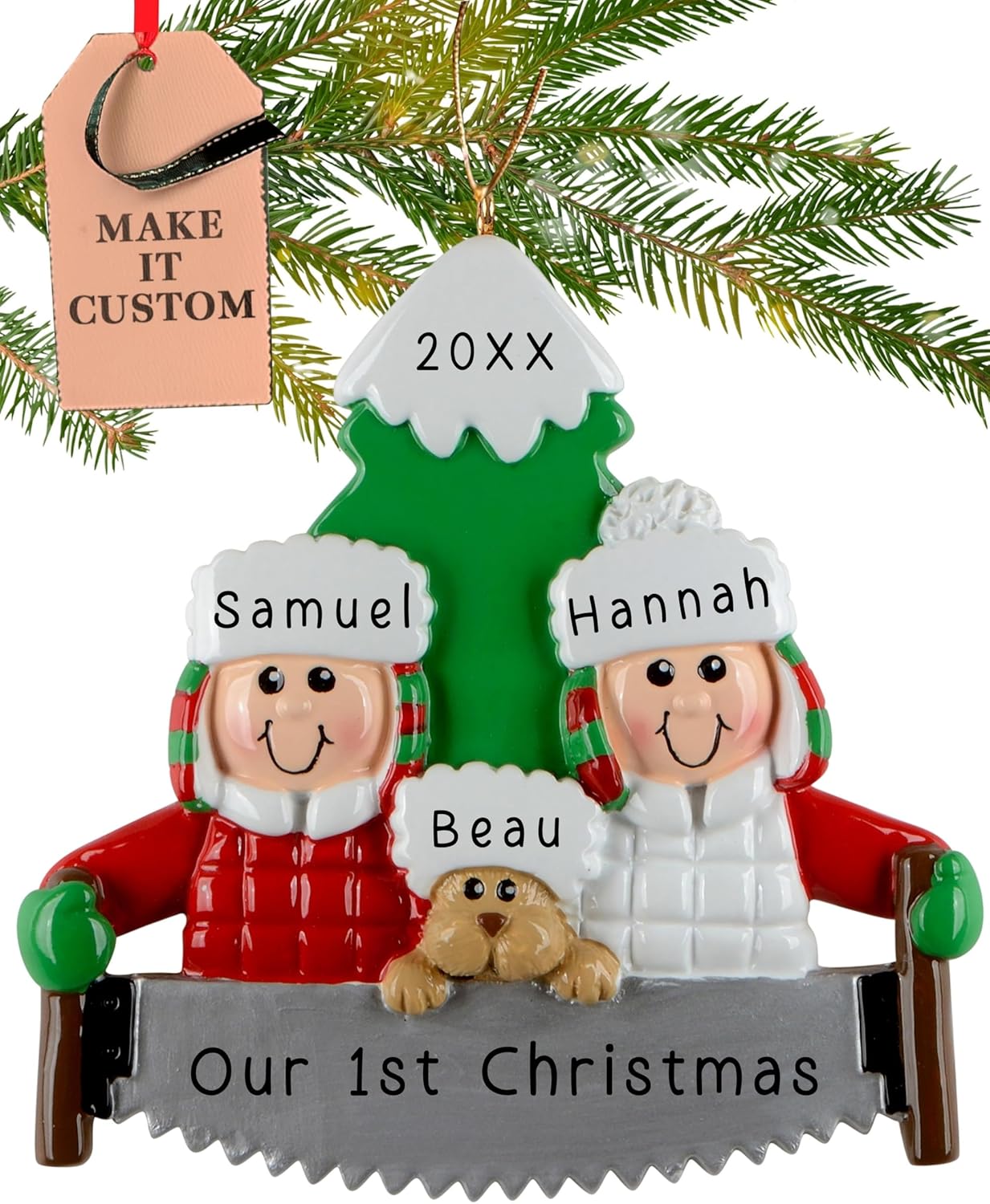 Personalized Couple with Dog Ornament 2025 | Free 24h Customization | Laser Engraved Pet Family Christmas Ornaments for Tree | Custom Gift Wrapped Outdoors Keepsake for Dog-Lovers