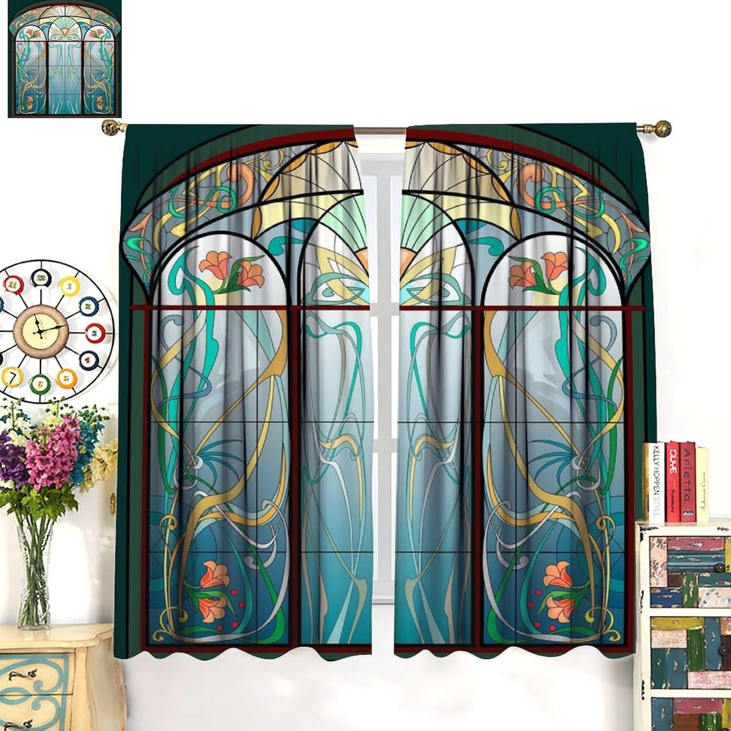Stained Glass Curtains, Retro Mid Century Boho Abstract Art Home Decor Drapes for Bedroom Living Room Kitchen Window Treatment 2 Panels Set Total Size 42" W X 54" L Inch