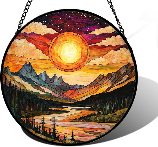 Stained Glass Window Hanging, Dusk Sunset Landscape Sun Catchers Glass Panel Lakes and Mountains Suncatcher Decor for Birthday for Women, Men, Wife, Aunt, and Mom 9.8 in