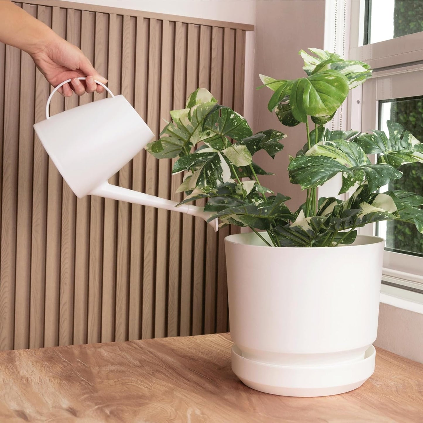 Elly Décor 10 inch Plastic Cylinder Planter Pot with Self-Watering Saucer and Drainage Hole,Lightweight & Extremely Durable, 10"x 10", White