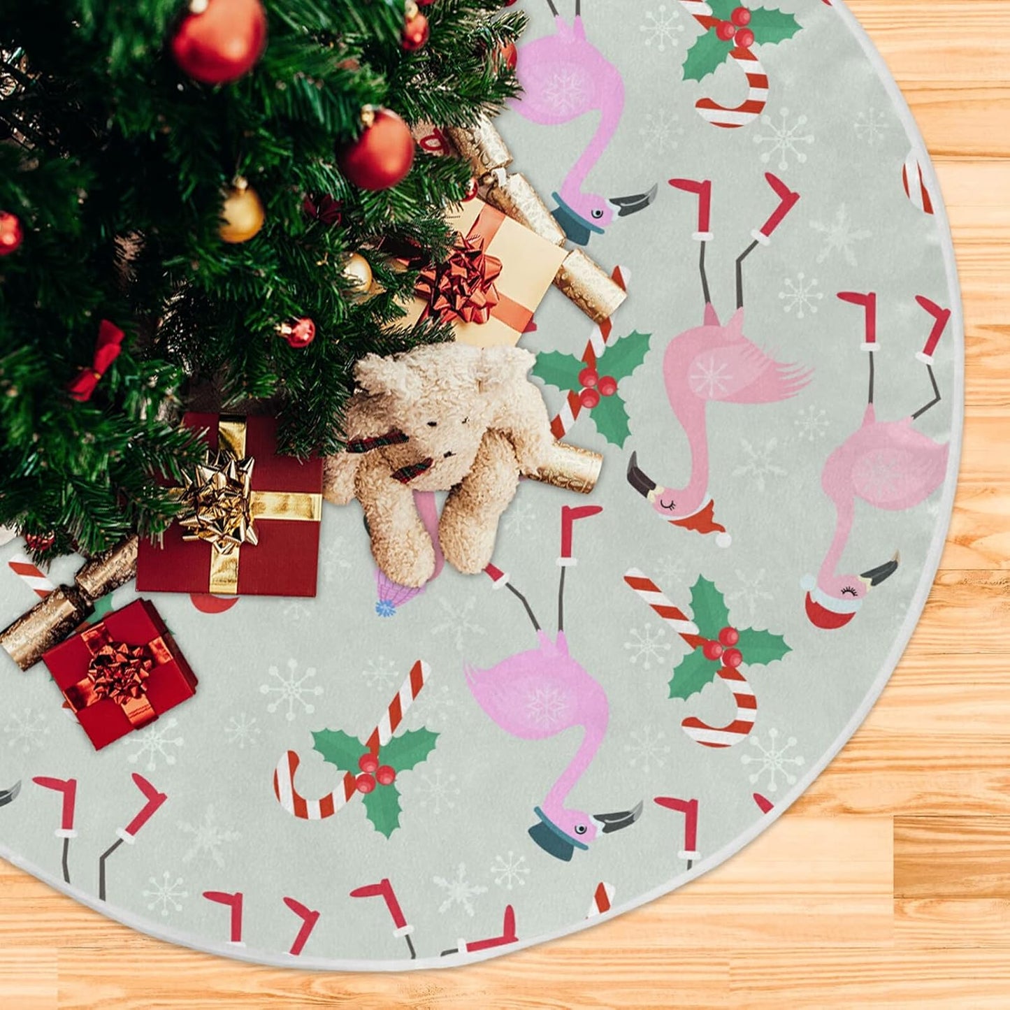 Christmas Flamingo Candy Tree Skirt, Seasonal Tree Mat Holiday Party Supplies Ornaments Indoor Outdoor Decorations for Tabletop Trees 47.2 Inches